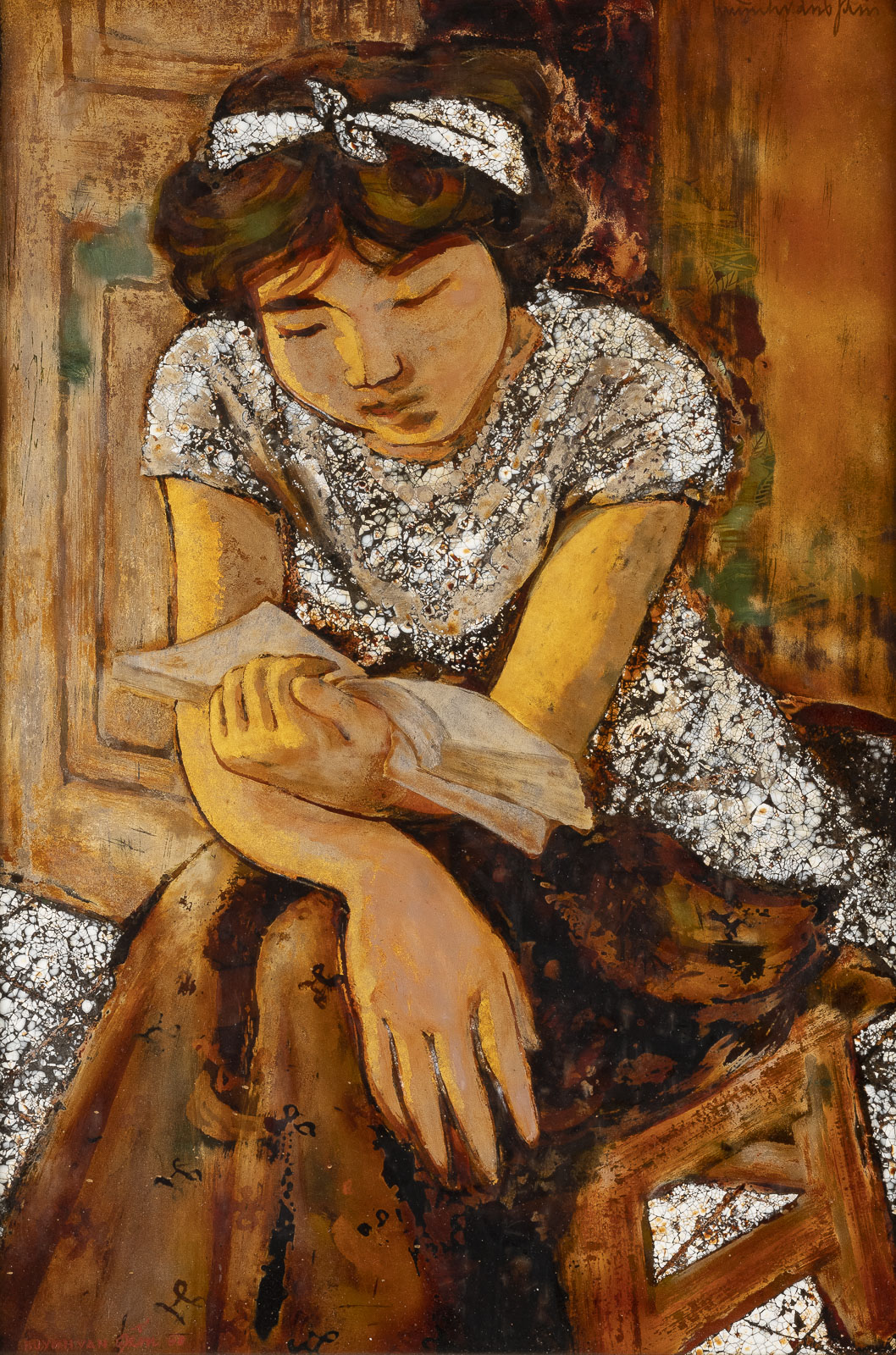 The painting depicts a young woman in a shimmering silver dress, thoughtfully bent over a book. She sits on a dark wooden chair, her head bowed, and she appears engrossed in her reading. The background and the dress are painted in expressive golden and brown tones.