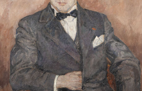Portrait of an elegantly dressed man, painted by Matez in 1926. The man wears a dark gray suit with a black bow tie and a white shirt. He sits, his hands folded over a cane with a woven handle, which lies across his lap. His expression is serious, his eyes looking directly at the viewer.