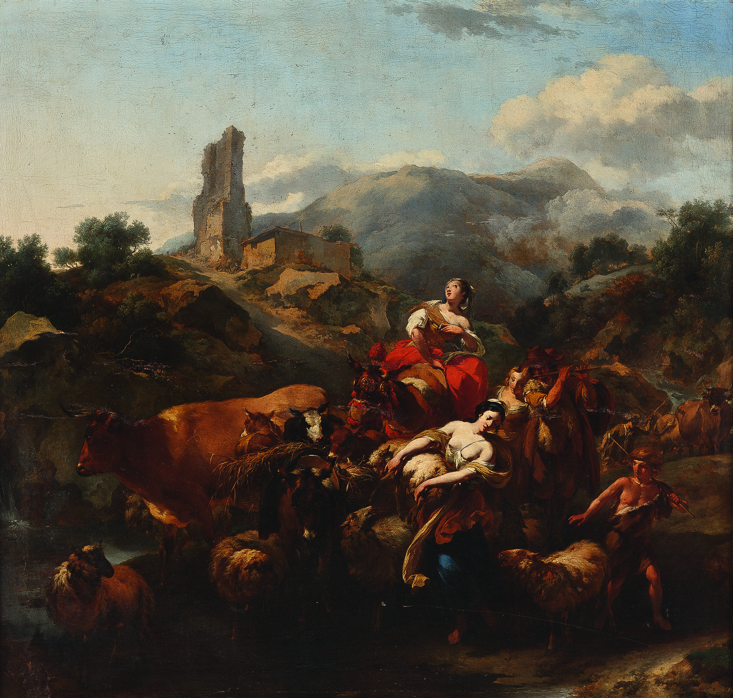 A historical painting depicts a rural scene with a group of people and animals. In the foreground, a young woman with a horrified expression and wide-open eyes is seen riding a horse. She is accompanied by other people, also depicted in dramatic poses. In the background, a ruined stone castle rises on a hill.