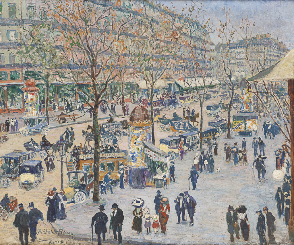 BLOOS, RICHARD 1878 Brühl – Düsseldorf 1957 ‘Boulevard des Capucines’ This painting depicts a busy street scene in Impressionist style, probably from the early 20th century. It depicts an urban intersection filled with people in various clothing styles and several vehicles, such as cars and wagons. Trees with autumn leaves and colorful street lamps complement the scene.