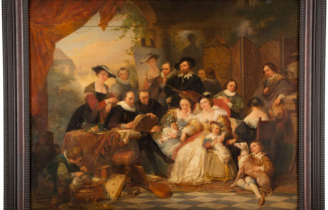 NICAISE DE KEYSER 1813 Santvliet (Antwerpen) – 1887 Antwerpen PETER PAUL RUBENS IM KREIS SEINER FAMILIE, FREUNDEN UND MÄZENEN Alt-Text: Gemälde einer geselligen Runde aus dem 17. Jahrhundert, dargestellt in lebhaften Farben und detailreichen Kostümen, ausgestellt bei einer Kunstauktion.