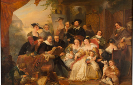NICAISE DE KEYSER 1813 Santvliet (Antwerpen) – 1887 Antwerpen PETER PAUL RUBENS IM KREIS SEINER FAMILIE, FREUNDEN UND MÄZENEN Opulentes Gemälde einer eleganten Gesellschaft im Innenraum, historische Kunstwerke, Auktion.