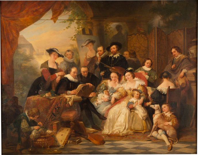 NICAISE DE KEYSER 1813 Santvliet (Antwerpen) – 1887 Antwerpen PETER PAUL RUBENS IM KREIS SEINER FAMILIE, FREUNDEN UND MÄZENEN Opulentes Gemälde einer eleganten Gesellschaft im Innenraum, historische Kunstwerke, Auktion.