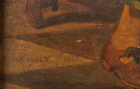 NICAISE DE KEYSER 1813 Santvliet (Antwerpen) – 1887 Antwerpen PETER PAUL RUBENS IM KREIS SEINER FAMILIE, FREUNDEN UND MÄZENEN Nahaufnahme eines Gemäldedetails mit Signatur „D.K. Gyobri – 1842“, betont historische Kunstepoche.