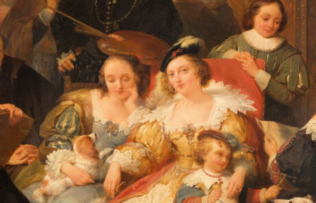 NICAISE DE KEYSER 1813 Santvliet (Antwerpen) – 1887 Antwerpen PETER PAUL RUBENS IM KREIS SEINER FAMILIE, FREUNDEN UND MÄZENEN Detailliertes Ölgemälde eines historischen Festbanketts, charakterisiert durch elegant gekleidete Adelige und feine Porträtdarstellung.