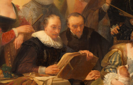 NICAISE DE KEYSER 1813 Santvliet (Antwerpen) – 1887 Antwerpen PETER PAUL RUBENS IM KREIS SEINER FAMILIE, FREUNDEN UND MÄZENEN Detailreiches historisches Gemälde mit mehreren Figuren, die ein Buch studieren; Highlight bei Kunstauktion Hargesheimer.