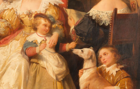 NICAISE DE KEYSER 1813 Santvliet (Antwerpen) – 1887 Antwerpen PETER PAUL RUBENS IM KREIS SEINER FAMILIE, FREUNDEN UND MÄZENEN Gemälde mit elegant gekleideten Personen und einem Windhund in einem historischen Interieur, präsentiert bei einer Kunstauktion.