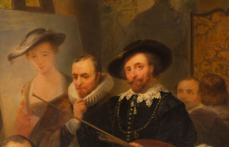 NICAISE DE KEYSER 1813 Santvliet (Antwerpen) – 1887 Antwerpen PETER PAUL RUBENS IM KREIS SEINER FAMILIE, FREUNDEN UND MÄZENEN Alt-Text: Historisches Gemälde zeigt eine Versammlung edler Personen in traditioneller Kleidung, erhältlich bei Hargesheimer Kunstauktion.