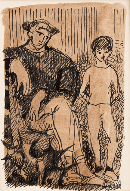 This artwork from the Hargesheimer auction house shows a sketch with two figures on a brown paper background. On the left, a male figure with pronounced muscles sits, dressed in a dark, textured top and trousers, looking away. On the right, a younger, slimmer figure stands, depicted frontally.