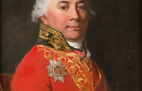 JEAN LAURENT MOSNIER 1743/ 1744 Paris – 1808 St. Petersburg PORTRÄT VON MICHAIL NIKITITSCH MURAWJOW Historisches Porträt eines Mannes in roter Uniform mit Orden, präsentiert in einer Kunstauktion.