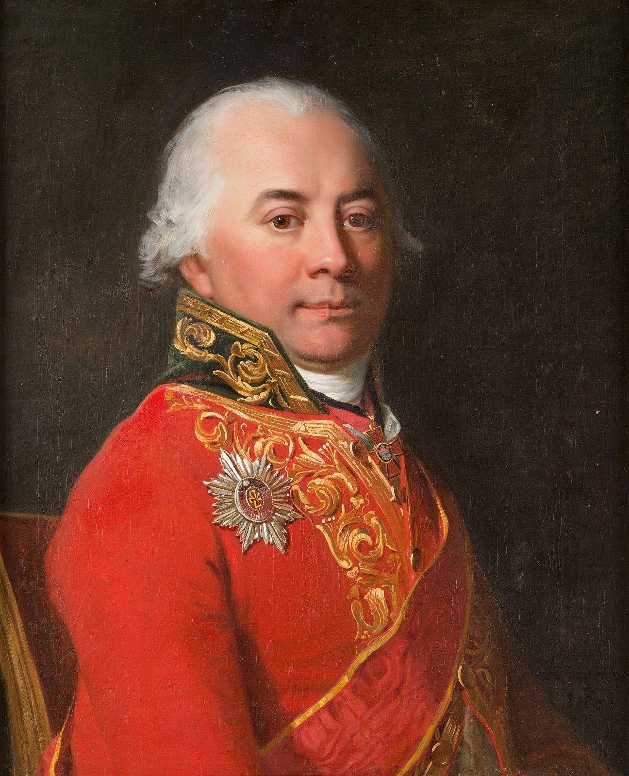 JEAN LAURENT MOSNIER 1743/ 1744 Paris – 1808 St. Petersburg PORTRÄT VON MICHAIL NIKITITSCH MURAWJOW Historisches Porträt eines Mannes in roter Uniform mit Orden, präsentiert in einer Kunstauktion.