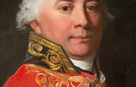 JEAN LAURENT MOSNIER 1743/ 1744 Paris – 1808 St. Petersburg PORTRÄT VON MICHAIL NIKITITSCH MURAWJOW Nahaufnahme eines historischen Gemäldes, Porträt eines Mannes in roter Uniform mit goldenen Verzierungen.