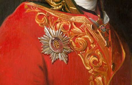 JEAN LAURENT MOSNIER 1743/ 1744 Paris – 1808 St. Petersburg PORTRÄT VON MICHAIL NIKITITSCH MURAWJOW Detail einer historischen Malerei zeigt eine aufwändig verzierte Uniform mit Orden.