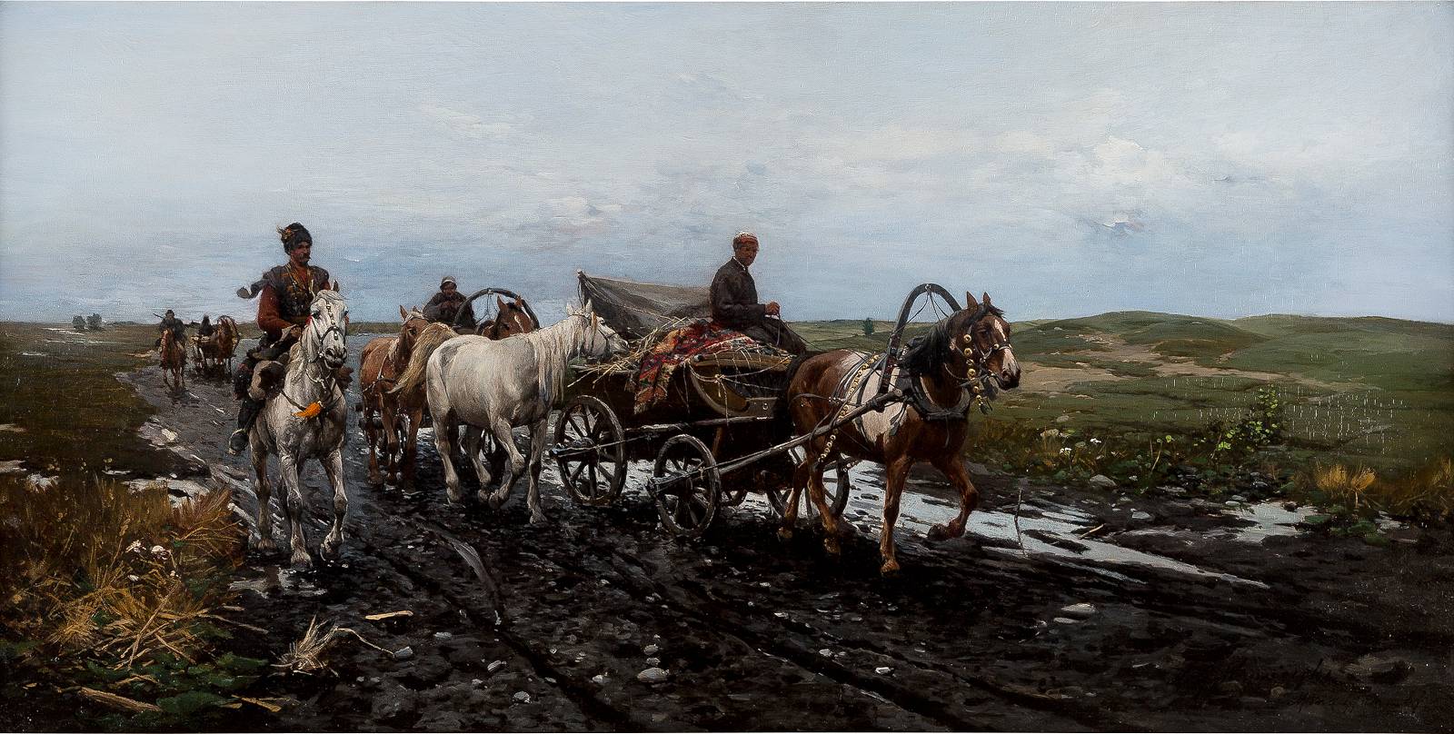 MICHAEL WYWIORSKI-GORSTKIN 1861 Warschau – 1926 Berlin KOSAKEN UND BAUERN AUF EINEM SCHLAMMIGEN WEG Gemälde von Pferden und Kutschen auf schlammigem Feldweg, Detailreichtum und historischer Kontext, präsentiert bei Hargesheimer Kunstauktion.