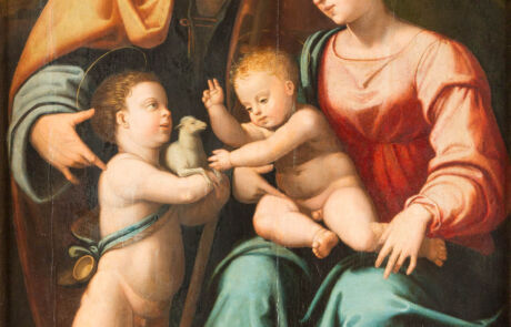 Gemälde mit Maria, zwei spielenden Kindern und einer Taube; hochwertiges historisches Kunstwerk, ausgestellt bei einer Kunstauktion.