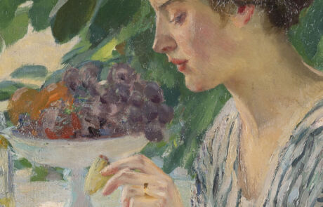 EDWARD CUCUEL 1875 San Francisco – 1954 Pasadena/USA Ein Leckerbiss Detailreiches Gemälde einer Frau, die Trauben isst, ein historisches Kunstwerk auf einer Kunstauktion.
