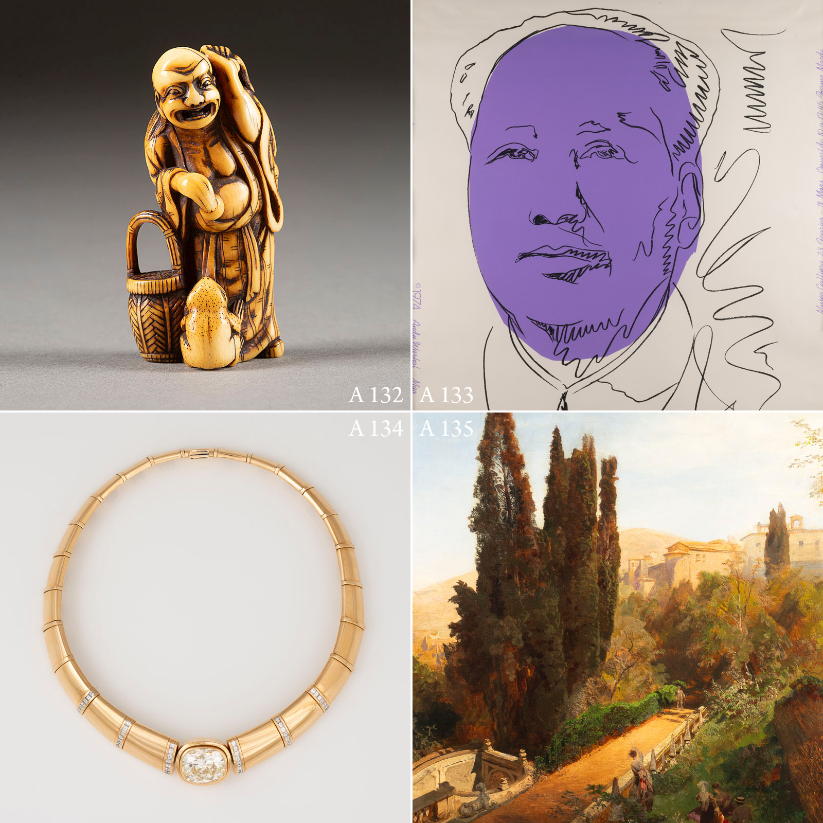 Collage von vier Kunstobjekten: Ein geschnitzter Elfenbein-Netsuke eines lachenden Mönchs mit Korb, eine moderne violette Zeichnung eines Männergesichts, ein Halsreif aus Gold mit Diamanten und ein impressionistisches Gemälde einer idyllischen Landschaftsszene mit Bäumen und Bauwerken.